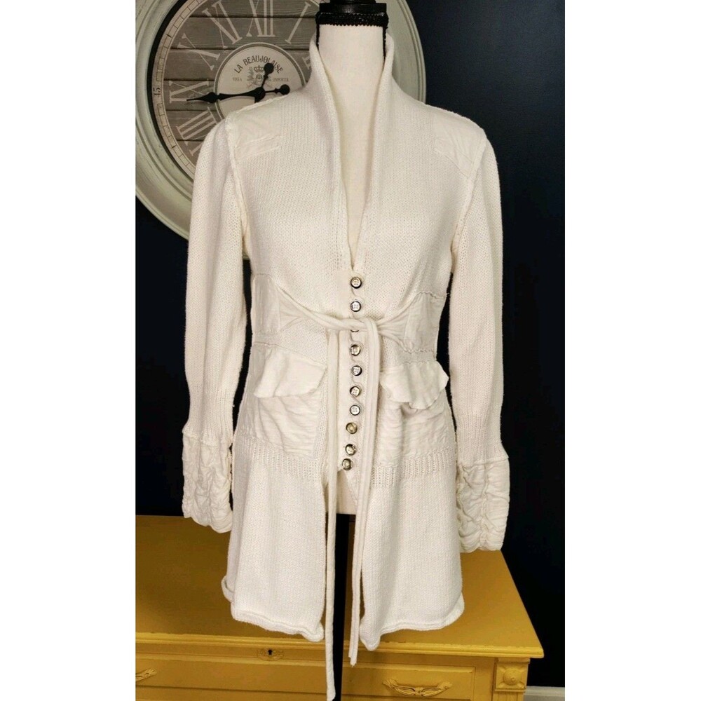 Pure Handknit Cardigan Women's S/M White Button Tie Pockets Long Chunky Cottage